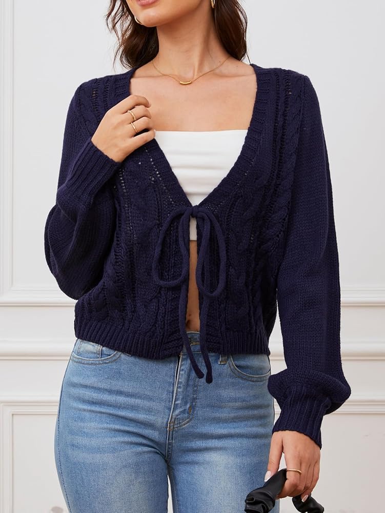 SOLY HUX Cardigan Sweaters for Women Cropped Tie Front Bow